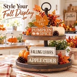 Wooden Fall Tabletop Decor for Seasonal Decorating – 4-Piece Maple Leaf Accent Set for Tiered Trays and Home Displays
