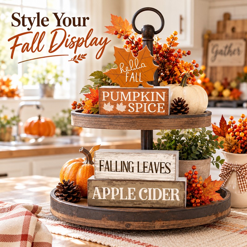 Wooden Fall Tabletop Decor for Seasonal Decorating – 4-Piece Maple