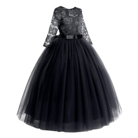 Little Big Girls Vintage Floral Lace Half Sleeve Pageant Long Tutu Dress Princess Party Floor Length Tulle First Communion Junior Bridesmaid Formal Prom Puffy Evening Dance Gowns Black 13-14 Years