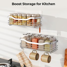 Orimade Shower Caddy Basket Shelf with 5 Hooks Adhesive Organizer Storage Rack Rustproof Wall Mounted Stainless Steel No Drilling for Bathroom, Toilet, Kitchen - 2 Pack