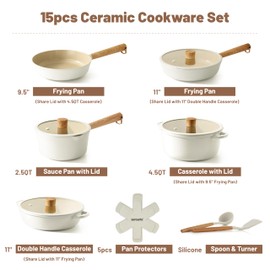 SENSARTE Ceramic Nonstick Cookware Set Non-toxic Healthy Pots and Pans Set Ceramic Coated Kithchen Cooking Set, Free of Intentionally Added PFAS/PTFE, Dishwasher&Oven Safe, Induction Compatible, 15pcs