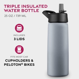 Triple Insulated Stainless Steel Water Bottle with Straw Lid - Flip Top Lid - Wide Mouth Cap (750 ML) Insulated Water Bottles, Keeps Hot and Cold - Great for Hiking & Biking (Modern Lava Gray)