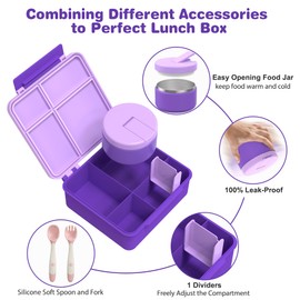 Pawtong Bento Lunch Box with 8oz Soup Thermo, Kids Leakproof Lunch Food Containers with 4 Compartment, Kids Thermo Insulated Hot Food Jar for School, Trvael -(Purple)