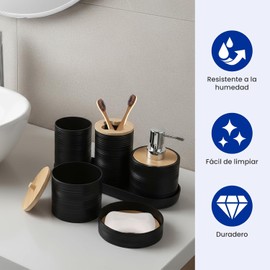 8 Juego de Accesorios de baño, Accesorios de Baño con Dispensador de jabón, Soporte para Cepillo de Dientes, Escobilla de baño y soporte, Vaso de Enjuague, Jabonera, Bote de Basura, Soportes Qtip(Neg)