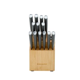 KitchenAid Classic Natural Knife Block Set with Built-In Sharpener, High-Carbon Japanese Stainless Steel Knives, Charcoal Gray, 14-Piece