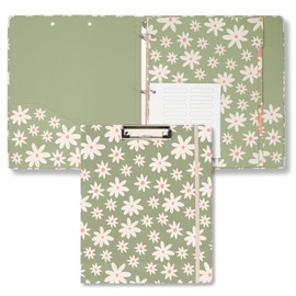 Steel Mill & Co Cute Decorative Hardcover 3 Ring Binder with Clipboard Folio Cover for Letter Size Paper, 1 Inch Round Rings, Dividers, Colorful Binder Organizer for School/Office (Daisy Floral Green)