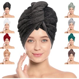 LOOMKNIT Hair Towel Wrap Lightweight Turban, Instant Drying 100% Cotton Hair Cap Super Quick Absorbent Anti-Frizz Twist Toweling Dry Hat with Button and Loop for Long Curly Hairs, 61 x 24CM