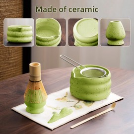 cjc 7-Pcs Matcha Set, Japanese Matcha Whisk Set, Matcha Kit Set Includes 18OZ Ceramic Matcha Bowl with Pourin Spout, Bamboo Whisk, Scoop, Holder, Sifter ect.–Perfect for Matcha Lovers/Gift （Green）