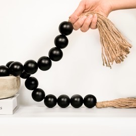 RUIRUICO Extra Large Wood Bead Garland with 1.4" Diameter Wood Beads, Wooden Beads Garland with Tassels, Decorative Beads Home Decor, Farmhouse Beads Decor (Black, 67 Inches)