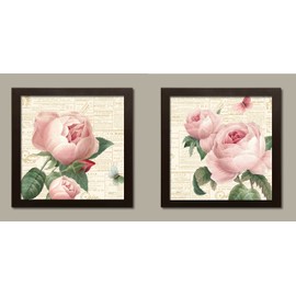 Gango Home Décor Gorgeous Pink Floral Rose, Bud and Butterfly Prints by Katie Pertiet; Two 12x12in Brown Framed Prints