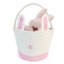 Fidqiog Pink Basket, Easter Basket for Kids with Handle, Cute Rabbit Gift Basket Empty, Baby Gift Basket for Cat Dog Toy Storage, Cotton Woven Rope Basket (White)