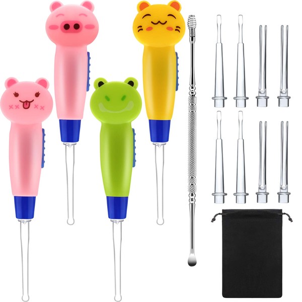 Earwax Remover Tool - 4 Pieces LED Earwax Spoon Safe Ear Pick Spoon and Stainless Steel Double-end Earwax Spoon