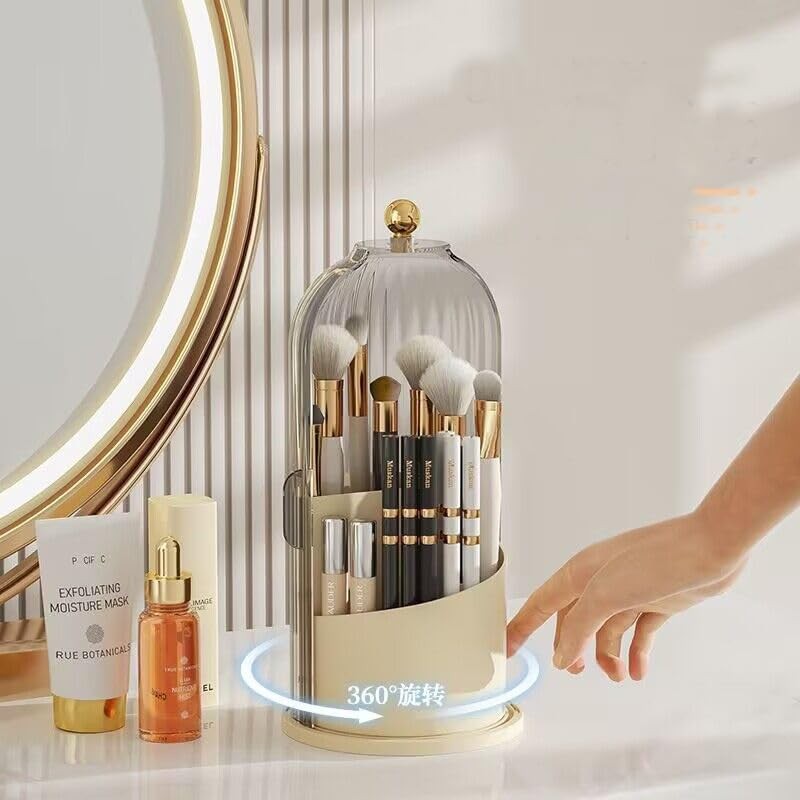 Yuzita Makeup Brush Holder Organizer with Lid, Rotating Dustproof Make