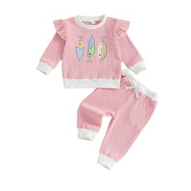 RSRZRCJ Toddler Baby Girl Outfit Fish Embroidery Stripe Ruffle Long Sleeve Sweatshirt Jogger Pants Set Fall Winter Fishing Clothes (Pink, 6-12 Months)