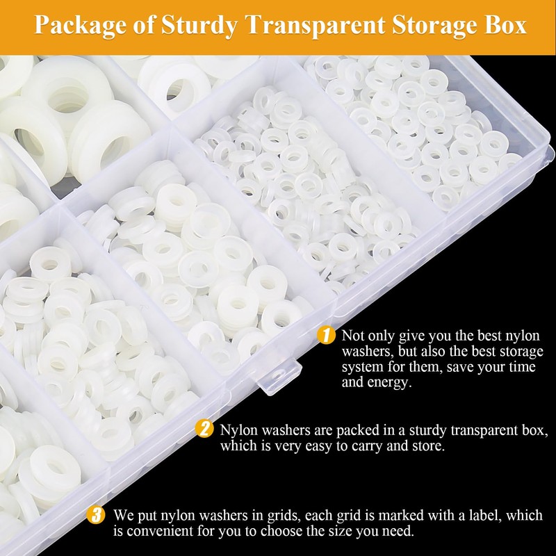 Sutemribor 640-Piece 8-Size White Nylon Washers Assortment Kit - Metric