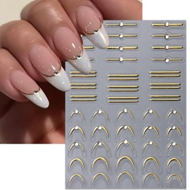 IDDFEVE Rhinestone Studded French Line Nail Art Stickers - Shiny Gold Crystal Diamond Self-Adhesive Multiple Radians Stripes, Curved Stripes Nail Decals, French Tips Guides for DIY Manicure (3 Sheets)