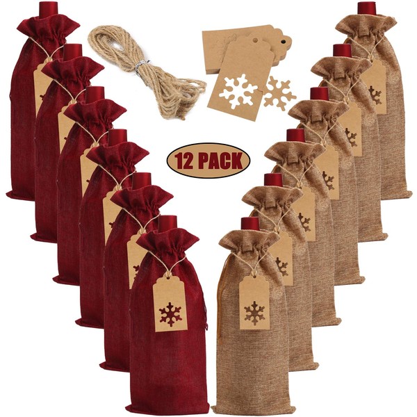 LOKIPA Burlap Wine Gift Bags, 12 Pcs Jute Wine Bottle Bags with Drawstring, Reusable Wine Bottle Covers with Ropes and Snowflake Tags for Christmas