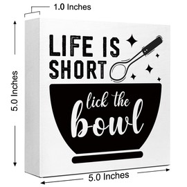 Funny Kitchen Wood Block Signs,Life is Short Lick the Bowl Wooden Box Sign for Kitchen Shelf Home Tabletop Desk Decor,Rustic Kitchen Sign Decor