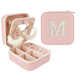Travel Jewelry Case Birthday Gifts For Women Travel Jewelry Organizer Travel Jewelry Case for Women Portable PU Leather Jewelry Travel Case Ring Necklace Earring Jewelry Box Initial M