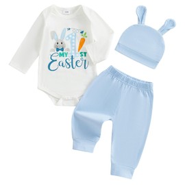 Geagodelia Infant Baby Boy 1st Easter Outfits Short Sleeve Letter Print Romper Jumpsuit Bodysuit and Bunny Print Elastic Long Pants and Hat Sets 3Pcs Clothes for Baby Boy (Blue Solid, 0-3 Months)