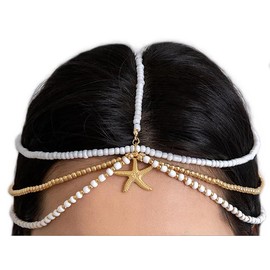 Denifery Boho Beaded Layered Head Chain Starfish Pendant Forehead Chain Beaded Head Jewelry Summer Beach Accessories for Women, free, Plastic, Stabilized Turquoise