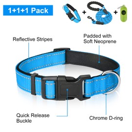 Dynmeow Reflective Dog Collar and Leash Set, 6FT Strong Climbing Rope Leash with Padded Handle, Adjustable Pet Collar with Soft Neoprene Padding for Medium Large Dogs (Blue,M)