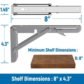 LEOPO 8 inch Folding Shelf Brackets, Stainless Steel Heavy Duty Wall Mounted Shelf Bracket, 2 Pack