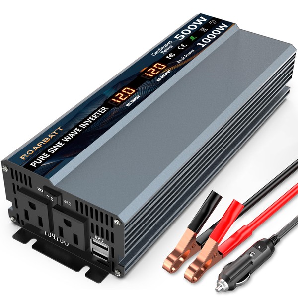 500W Pure Sine Wave Power Inverter 12V DC to AC 110V 120V Peak Power 1000W with 2 AC Outlets Car Inverter and Dual 3.4A USB Port Cooling Fans and LCD Display for Inverter Home RV Car Solar System