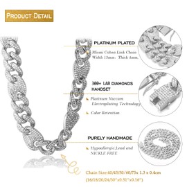 Halukakah Men's Gold Chain Iced Out, 13 mm Men's Coffee Bean Cuban Chain Miami 18 Carat Real Gold-Plated / Platinum Plated White Gold Collar Necklace Bracelet, Laboratory Diamonds Hand Set, Gift for