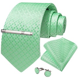 DiBanGu Silk Ties for Men Formal Plaid Check Necktie and Pocket Square Cufflinks Tie Clip Set Wedding Necktie with Gift Box, Mint Green Plaid, One Size