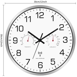 Couperos Wireless Wall Clock Silent with Thermometer and Hygrometer Wireless Wall Clock Silent 30 cm Wall Clock Without Ticking Noises Radio for Living Room, Kitchen, Office (Metal)