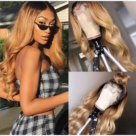 GzorOuzr 1b27 Body Wave Lace Closure Wigs Ombre Human Hair 4x4 Lace Closure Wigs Honey Blonde Wig with Baby Hair Glueless Lace Closure Wig for Woman Brazilian Human Hair Wig 14 Inch