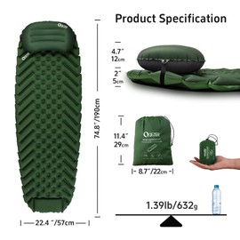 QEZER Ultralight Backpacking Sleeping Pad for Camping, with Inflatable Neck Camping Pillow, Lightweight Inflatable Sleeping Pad for Adults, Portable for Hiking, Car Travel - Durable & Comfortable