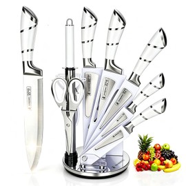 9-Piece White Sharp Stainless Steel Kitchen Knife Set with Block for Gift