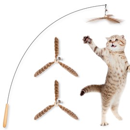 JXFUKAL Cat Wand Toys, Interactive Cat Toys with 3 Feather Refills, 29'' Flexible Steel Wire, Sturdy Wood Handle & Bell for Kitty Kitten, Cat Toys for Indoor Cats Teaser Cat String Toy
