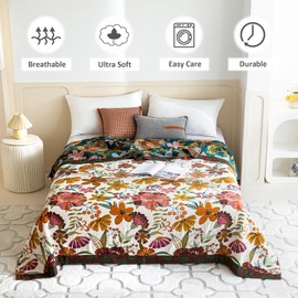 Boho Throw Blanket for Bed - 100% Cotton Ultra Soft Rustic Quilt - Floral Printed Farmhouse Decor Fall Bed Blankets,60"×80" All Season Rustic Throw for Sofa Couch Chair