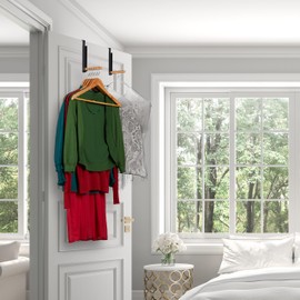 Relaxdays Folding Hook Door Coat Rack, Foldable 2X, for Hanging, Door Hooks, 6 Hangers, Metal & Wood, for 2 cm Door Rebate, Black, Iron, 50