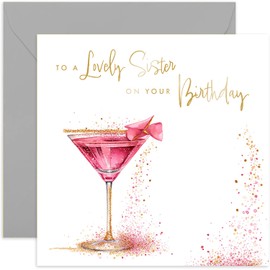 Old English Co. Lovely Sister Birthday Card - Special Birthday Card for Sister - Fabulous Pink Cocktail Gold Foil Glitter Design for Women - 40th, 50th, 60th, 70th - Cute Card for Her | Blank Inside