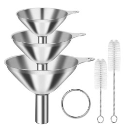 Kitchen 3 Pcs Stainless Steel Kitchen Funnel Set w 2 Brush - Food Grade, No-Spill Design