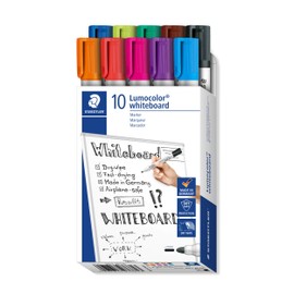 STAEDTLER Whiteboard Marker Lumocolor, Line Width Approx. 2.00 mm, Quick-Drying, Low Odour, Long Life, Blocked Tip, 10 Whiteboard Markers in Folding Box, 351 B10