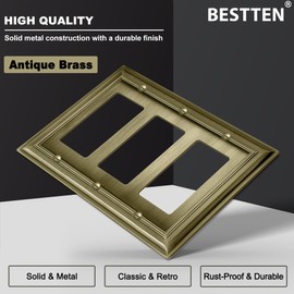 [2 Pack] BESTTEN Grand Collection 3 Gang Zinc Alloy Aged Brass Metal Decorator Wall Plate, Decor Antique Brass Outlet Cover for Switch or Receptacle, Durable Corrosion Resistant