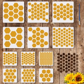 FINGERINSPIRE 12 Pcs Honeycomb Hexagon Painting Stencil with Brush 2 Size 7.87/11.18inch Square 12 Style Honeycomb Drawing Template DIY Decoration Stencil for Painting on Wood Wall Fabric Furniture
