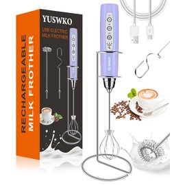 YUSWKO Rechargeable Milk Frother for Coffee with Stand, Handheld Drink Mixer with 3 Heads 3 Speeds Electric Stirrers for Latte, Cappuccino, Hot Chocolate, Egg - Light Purple