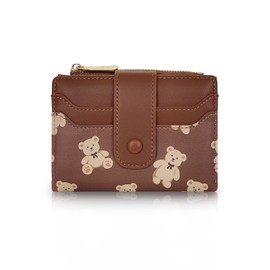 AfitLulu Women's Leather Card Wallet with Bear Print, Short Purse, Women's Small Wallet with 7 Card Slots, 1 ID Window, 1 Large Slot and 1 Coin Pocket, brown, Casual