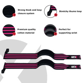 STIXX Gym Wrist Wraps Weightlifting - 18” Heavy Duty Wrist Support Gym Training Fist Straps for Bodybuilding & Powerlifting with Thumb Loop for Men & Women (Blk/Pnk)