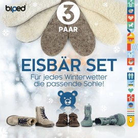 biped 3 Pairs of Children's Insoles Winter Set Polar Bear – Highly Warming Shoe Insoles with Real Lambswool, Lambskin and Wool Felt z2729 - beige, size: 32-33