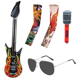 5Pcs Rocker Fancy Dress Accessories 70s 80s 90s Heavy Metal Disco Costume Accessories Tattoo Sleeves Inflatable Guitar and Microphone Punk Gothic Rocker Kit Rockstar Fancy Dress Kids Adult Men Women