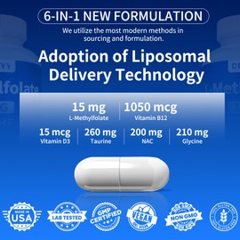 DNCDTYY L Methylfolate 15mg Plus Methyl B12, D3, 5-MTHF (Bioactive B9), Glycine & Taurine & NAC l-methylfolate Made in USA, Third Party Tested, Gluten Free, Non-GMO, Vegan, 120 Capsules, 2 Packs