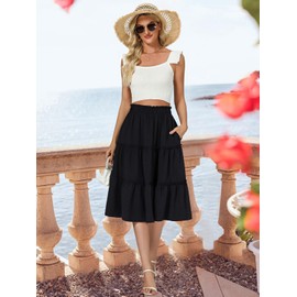 BERYDRESS Black Skirts for Women Midi Length High Waisted Aline Casual Summer Flowy Boho Frilly Ruffle Midi Skirt with Pockets(S,6280-Black)
