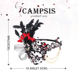 Campsis Masquerade Mask Red Masquerade Ball Masks Feather Mardi Gras Masks Venetian Prom Costume Ball Metal Eye Mask for Women and Girls
